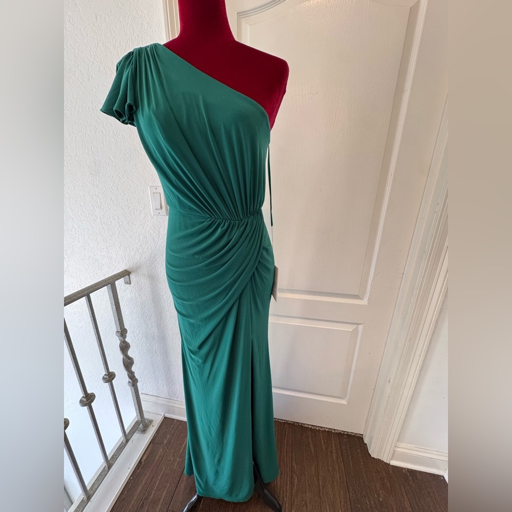 🦄 NWT Mac Duggal Sz 2 Emerald Ruched Long Slit One Shoulder Dress 67858 - Picture 5 of 9